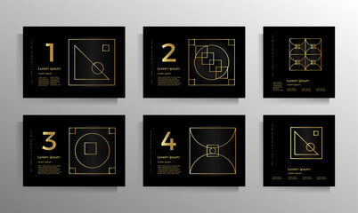 Cover design for brochure, booklet, book, poster, flyer, textbook, and folder. Collection of vector geometric patterns with golden lines. A set of templates of different formats.