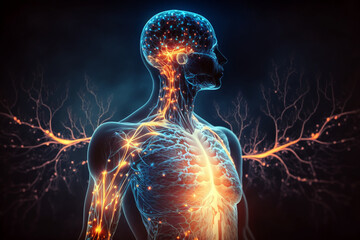 Human body with glowing neurons visualization. Generative AI illustration - obrazy, fototapety, plakaty