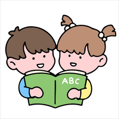 A cute kid character, reading a book, studying and doing homework, isolated on a background, for a back-to-school concept.