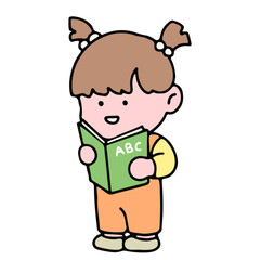 A cute girl character, reading a book, studying and doing homework, isolated on a background, for a back-to-school concept.