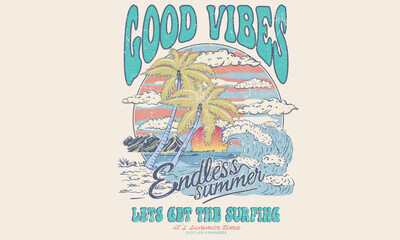 Endless summer.  Summer good vibes graphic print design for t shirt print, poster, sticker, background and other uses. Water wave watercolor retro artwork.