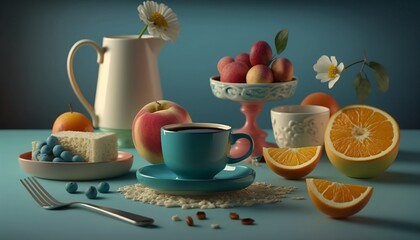 Delicious healthy breakfast with bread, fruits, coffee, jam, juice... Colorful, elegant and minimalist breakfasts. Generated by AI.
