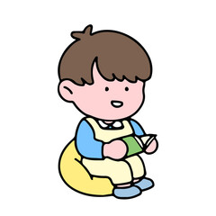 A cute boy character, reading a book, studying and doing homework, isolated on a background, for a back-to-school concept.