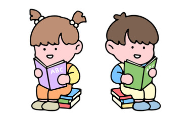 A cute kid character, reading a book, studying and doing homework, isolated on a background, for a back-to-school concept.