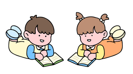 A cute kid character, reading a book, studying and doing homework, isolated on a background, for a back-to-school concept.