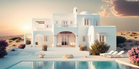 Einzigartige schöne Architektur mit weißen modernen Haus und Pool, ai generativ