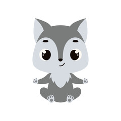 Cute little sitting wolf. Cartoon animal character for kids cards, baby shower, invitation, poster, t-shirt composition, house interior. Vector stock illustration