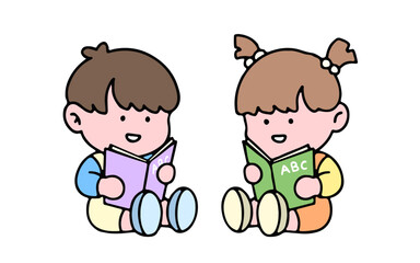 A cute kid character, reading a book, studying and doing homework, isolated on a background, for a back-to-school concept.