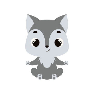Cute little sitting wolf. Cartoon animal character for kids cards, baby shower, invitation, poster, t-shirt composition, house interior. Vector stock illustration