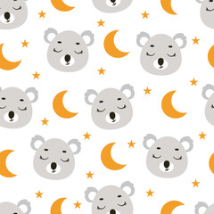 Cute little slipping koala head seamless childish pattern. Funny cartoon animal character for fabric, wrapping, textile, wallpaper, apparel. Vector illustration