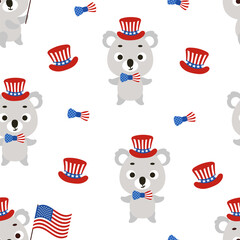 Cute little koala in USA patriotic hat seamless childish pattern. Funny cartoon animal character for fabric, wrapping, textile, wallpaper, apparel. Vector illustration