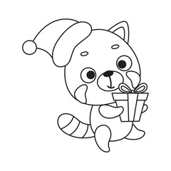 Coloring page cute little red panda carries gift box. Coloring book for kids. Educational activity for preschool years kids and toddlers with cute animal. Vector stock illustration