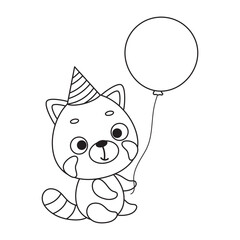 Coloring page cute little red panda in birthday hat hold balloon. Coloring book for kids. Educational activity for preschool years kids and toddlers with cute animal. Vector stock illustration