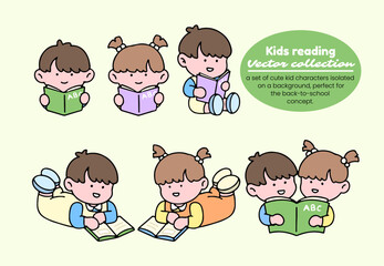 Kids reading vector collection. A set of cute kid characters isolated on a background, perfect for back to school concept.