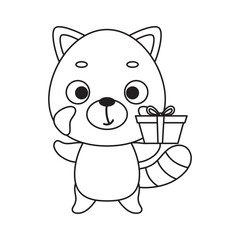 Coloring page cute little red panda with gift box. Coloring book for kids. Educational activity for preschool years kids and toddlers with cute animal. Vector stock illustration