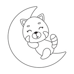 Coloring page cute little red panda sleeping on moon. Coloring book for kids. Educational activity for preschool years kids and toddlers with cute animal. Vector stock illustration