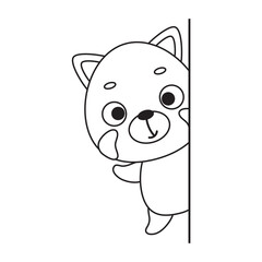 Coloring page cute little red panda peeking around corner. Coloring book for kids. Educational activity for preschool years kids and toddlers with cute animal. Vector stock illustration