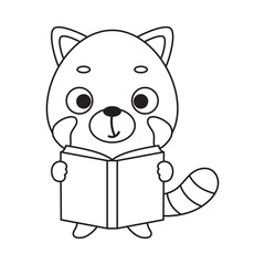 Coloring page cute little red panda reads book. Coloring book for kids. Educational activity for preschool years kids and toddlers with cute animal. Vector stock illustration