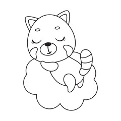 Coloring page cute little red panda sleeping on cloud. Coloring book for kids. Educational activity for preschool years kids and toddlers with cute animal. Vector stock illustration