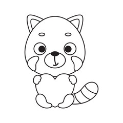 Coloring page cute little red panda holds heart. Coloring book for kids. Educational activity for preschool years kids and toddlers with cute animal. Vector stock illustration