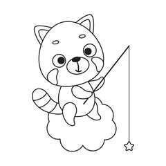 Coloring page cute little red panda fishing star on cloud. Coloring book for kids. Educational activity for preschool years kids and toddlers with cute animal. Vector stock illustration