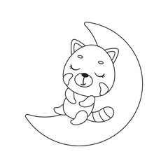 Coloring page cute little red panda sleeping on moon. Coloring book for kids. Educational activity for preschool years kids and toddlers with cute animal. Vector stock illustration