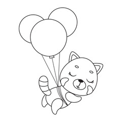 Coloring page cute little red panda flying on balloons. Coloring book for kids. Educational activity for preschool years kids and toddlers with cute animal. Vector stock illustration