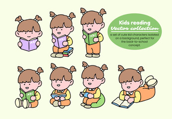 Kids reading vector collection. A set of cute kid characters isolated on a background, perfect for back to school concept.