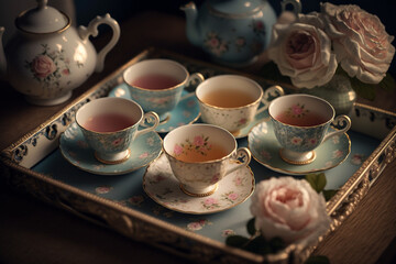 Fototapeta premium tea ceremony, teapot and ceramic mugs with drink Generative AI