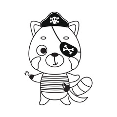 Coloring page cute little pirate red panda with hook and blindfold. Coloring book for kids. Educational activity for preschool years kids and toddlers with cute animal. Vector stock illustration