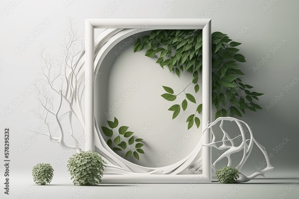 Poster empty vertical frame mockup with green leaves on white wall background generative ai