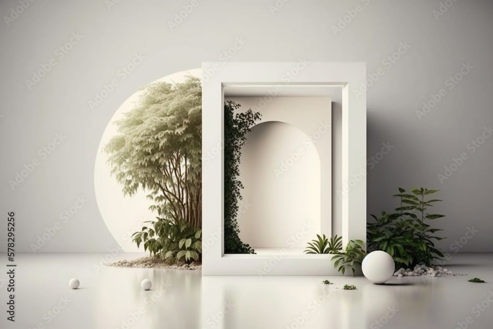 Poster empty vertical frame mockup with green leaves on white wall background generative ai