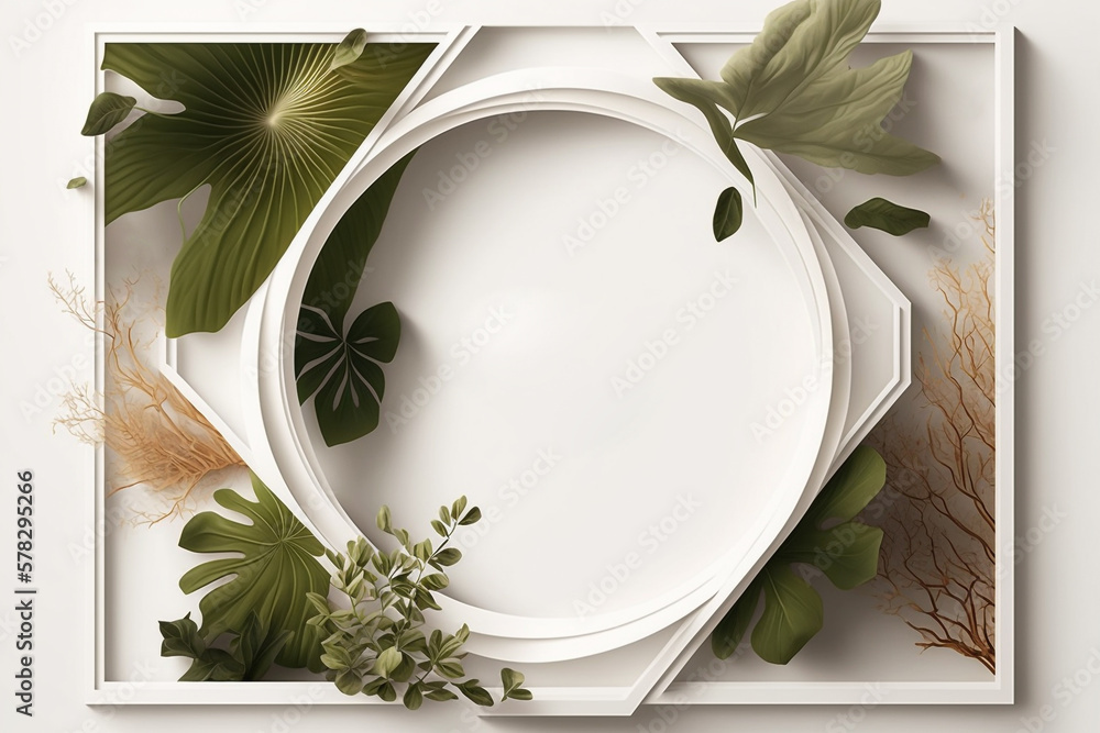 Poster white empty canvas frame with decor and green plants generative ai