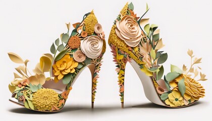 High heel stilettos of fresh green leafs and plants, sustainable clothes concept. Generative AI