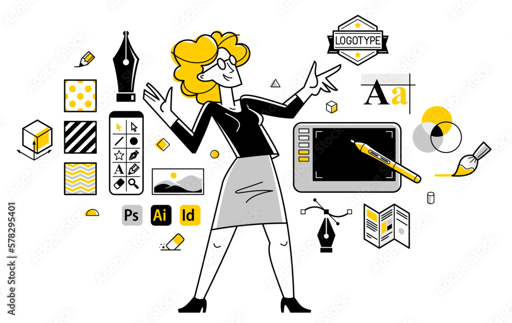 Poster graphic designer doing some creative job using computer software, digital visual artist working on a