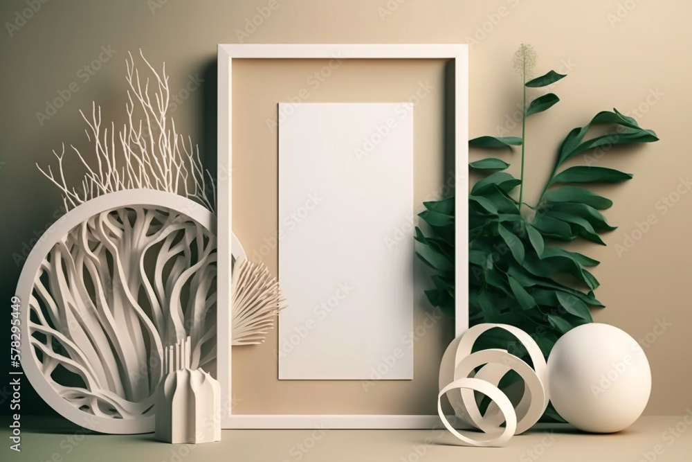Poster white empty canvas frame with decor and green plants generative ai