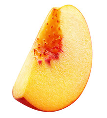 Slice of ripe peach fruit isolated on transparent background. Full depth of field. - 578295420