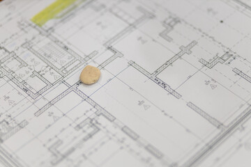 Architect workplace top view. Architectural project, blueprints, blueprint rolls on table.  Industry, hobby, workspace. Creation process
