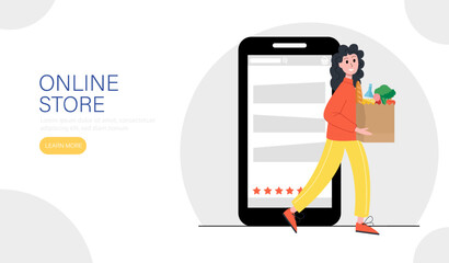 Delivery service landing page template. Woman with a basket of food in her hands gets out of the phone.