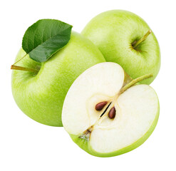 Group of ripe green apple fruits with apple half and green apple leaf isolated on transparent background