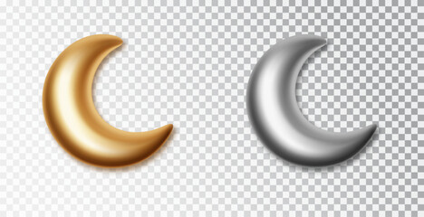 Crescent moon isolated on white background. 3d golden and silver decorative vector elements isolated on transparent background. Islamic symbol crescent moon set. © Ann_Sereda