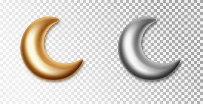 Crescent moon isolated on white background. 3d golden and silver decorative vector elements isolated on transparent background. Islamic symbol crescent moon set.