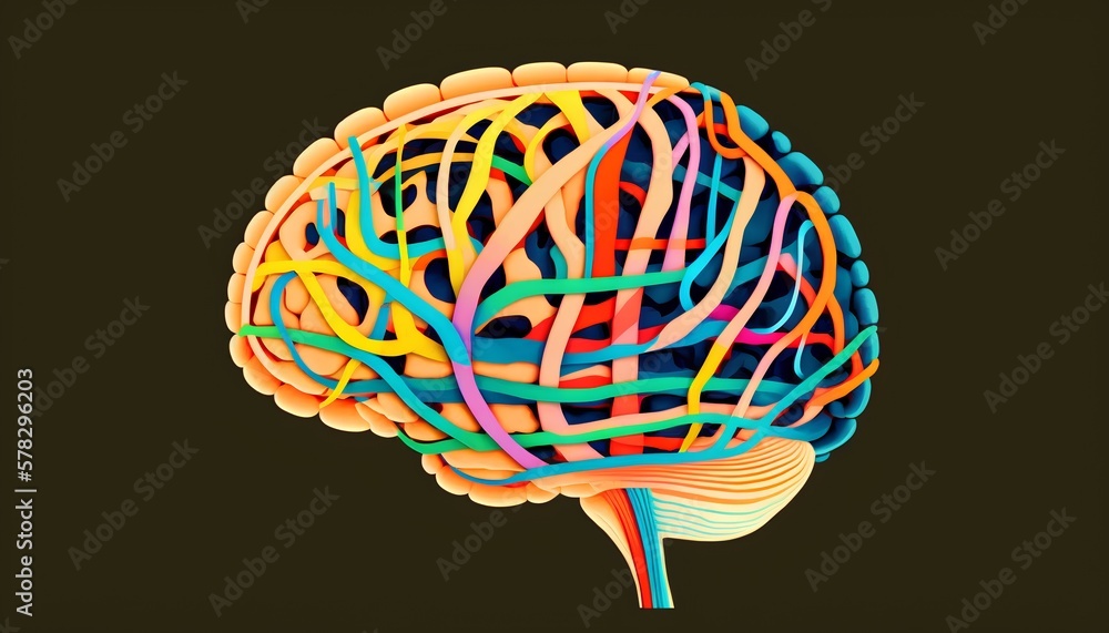 Poster neurology concept depicted in an image of stylized brain with vividly colorful lines indicating neur