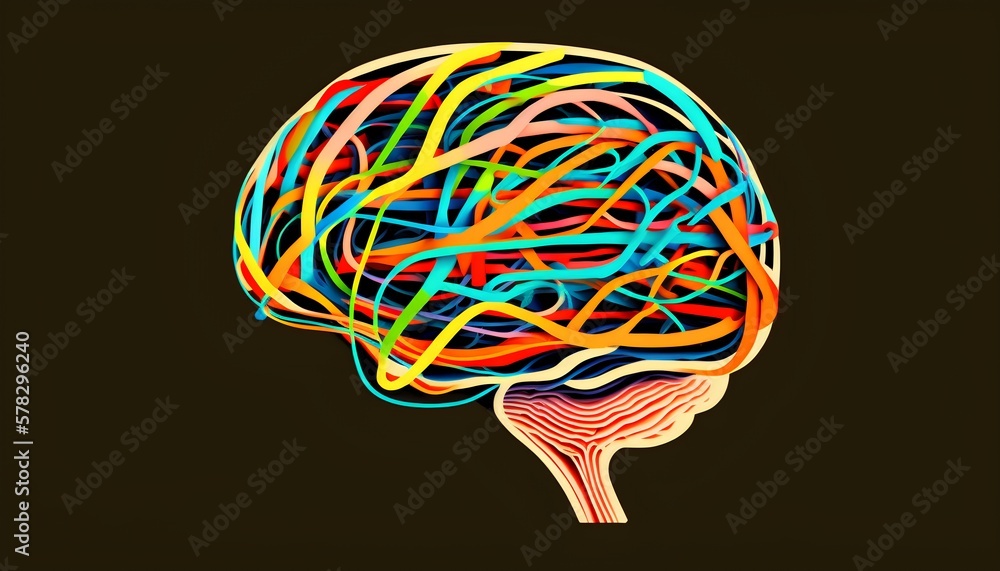 Poster neurology concept depicted in an image of stylized brain with vividly colorful lines indicating neur