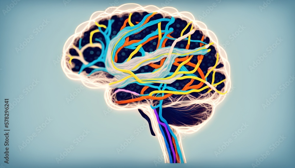 Poster neurology concept depicted in an image of stylized brain with vividly colorful lines indicating neur