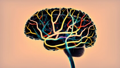 Neurology concept depicted in an image of stylized brain with vividly colorful lines indicating neural pathways. Generative AI