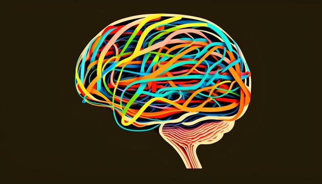 Neurology concept depicted in an image of stylized brain with vividly colorful lines indicating neural pathways. Generative AI