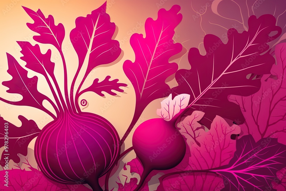 Poster abstraction of flowers and beets in magenta on a beet-colored backdrop generative ai