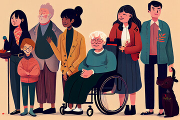 Socially diverse multicultural and multiracial people. Happy old and young women and men with children, as well as people with disabilities standing together