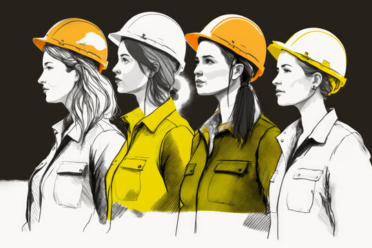 A group of diverse female construction workers, sketch style illustration. Generative ai